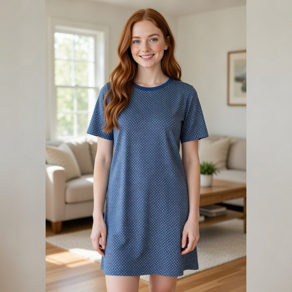 Baldwin Women's 100% Silk Blue Dot Print Shift Dress, Size L